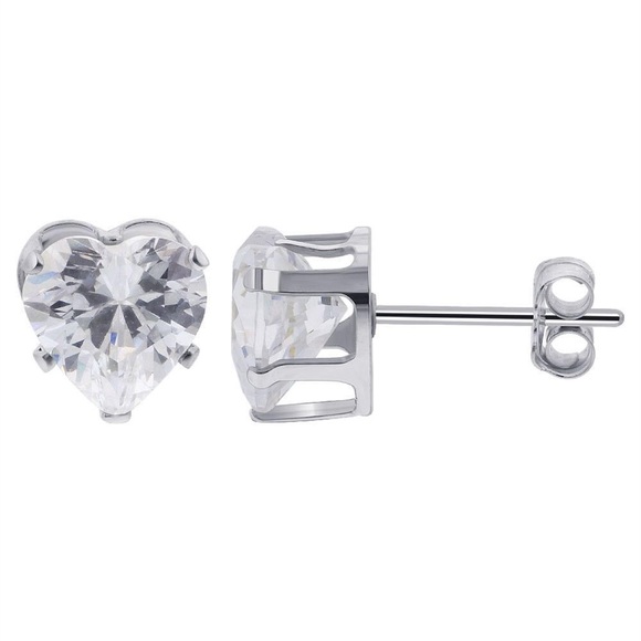 Sterling Silver Cubic Zirconia 6mm Heart Studs - Picture 1 of 3